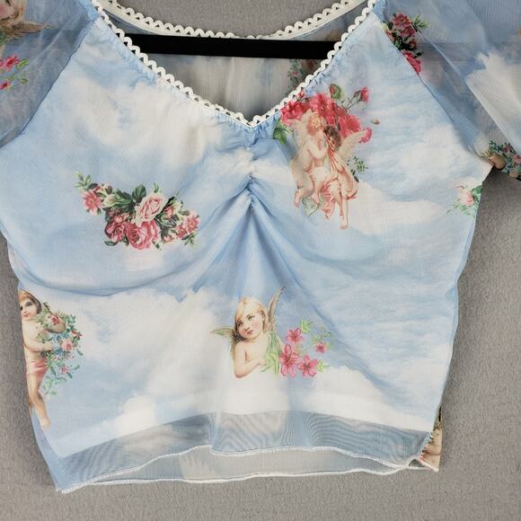 Celestial Cloud Angel Print Sheer Layered Top Pastel Blue Cherub Ethereal Size S - Picture 3 of 9